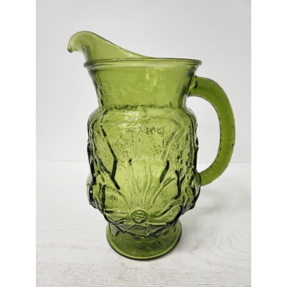Vintage Anchor Hocking Green Glass Rain Flower Pitcher Textured Floral Design